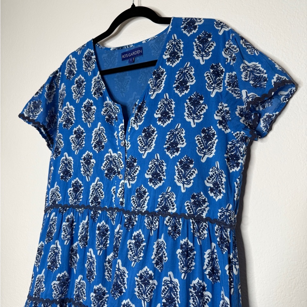 Ro’s Garden Blue Floral Cotton Sleeveless V Neck Lined Dress Size L - Picture 2 of 15